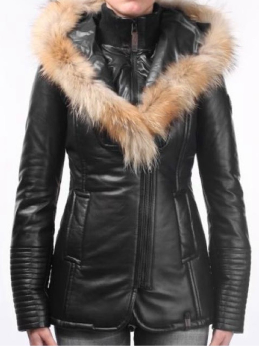 RUDSAK Black Nylon & Leather Hooded Jacket with Fur Trim XS